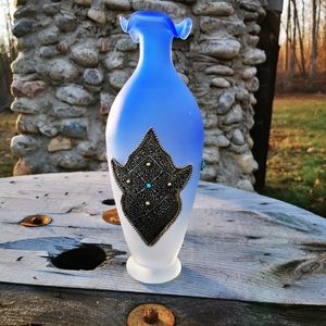 Vintage Blue Ombre Frosted Satin Art Glass Vase with Applied Metal Accents